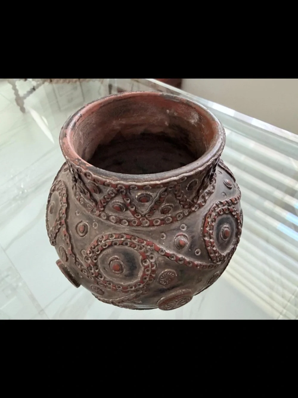 Vintage Handmade Pewter Vase Greece Repoussé Geometric Mid-Century 5.25